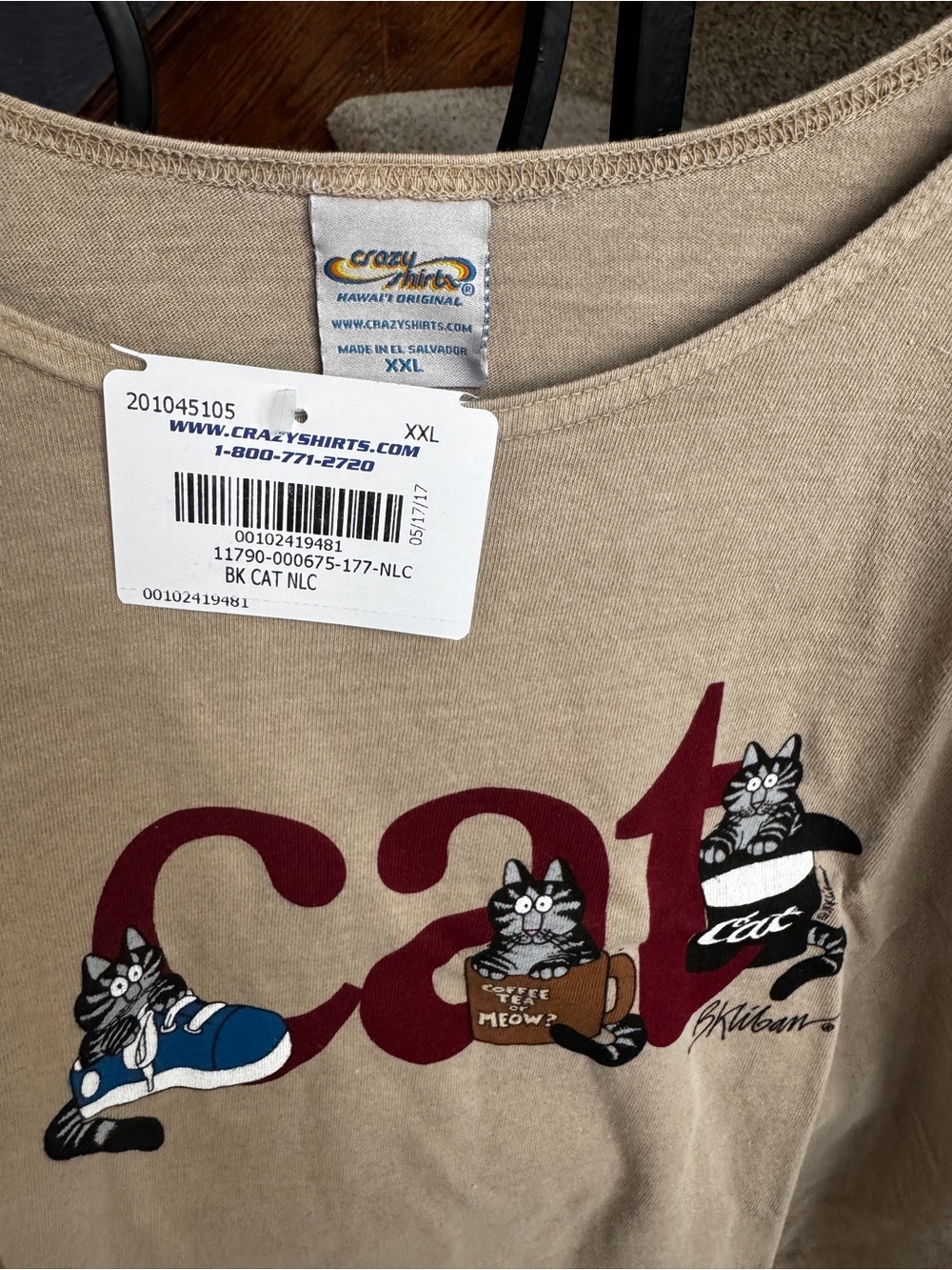 NEW NWT XXL B. Kliban Hawaii Crazy Shirts Hawaii Cat Tee Coffee Sneaker Shirt - Picture 9 of 13